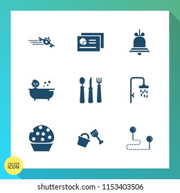 Modern, simple vector icon set on gradient background with fork, ring, kid, child, alarm, food, transportation, destination, cake, document, flight, spoon, aircraft, sweet, bucket, reminder, map icons