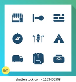 Modern, simple vector icon set on gradient background with compass, fitness, grocery, adventure, tent, lock, business, buy, fashion, house, sign, object, camp, jacket, delivery, north, style icons