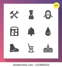 Modern, simple vector icon set on gradient background with tool, chair, drop, bell, screwdriver, work, car, religious, transportation, spanner, ball, hammer, yacht, building, call, water, boot icons