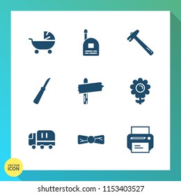 Modern, simple vector icon set on gradient background with pram, arrow, toy, baby, mother, way, direction, business, kitchen, nature, knife, kid, tie, tool, fun, truck, printer, floral, hammer icons