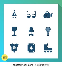 Modern, simple vector icon set on gradient background with happiness, beverage, business, baby, party, teapot, skate, eyeglasses, vision, glass, lens, alcohol, sport, parachute, optical, sky icons