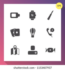 Modern, simple vector icon set on gradient background with map, screen, sweet, watch, location, parachute, person, gadget, power, call, sign, technology, energy, contact, hot, air, display, game icons