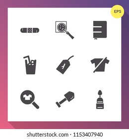 Modern, simple vector icon set on gradient background with shovel, notebook, label, business, object, clothes, search, hospital, fashion, sweet, magnification, flight, background, medicine, care icons