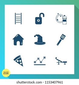 Modern, simple vector icon set on gradient background with protection, hat, real, cooking, safe, up, housework, chart, pizza, construction, unlock, stats, house, business, mop, equipment, city icons