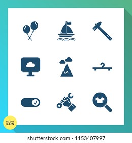 Modern, simple vector icon set on gradient background with blue, decoration, clothes, helmet, repair, landscape, nature, work, birthday, board, balloon, extreme, tool, female, foreman, cloud,  icons