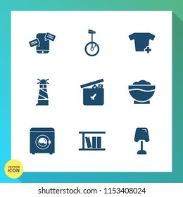Modern, simple vector icon set on gradient background with communication, machine, play, mobile, food, message, lamp, interior, toy, home, t-shirt, duck, shirt, bike, beacon, ball, chat, library icons