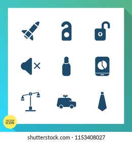 Modern, simple vector icon set on gradient background with law, launch, volume, security, mute, interface, bowling, balance, ball, key, audio, sound, tie, motel, judge, competition, sign, mobile icons