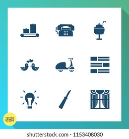 Modern, simple vector icon set on gradient background with ride, food, light, animal, mobile, travel, curtain, suitcase, love, baggage, communication, kitchen, knife, dove, pigeon, energy, sign icons
