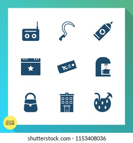 Modern, simple vector icon set on gradient background with drink, communication, cafe, gardening, clean, celebration, brush, ticket, house, fashion, real, coffee, care, flight, technology, bag icons