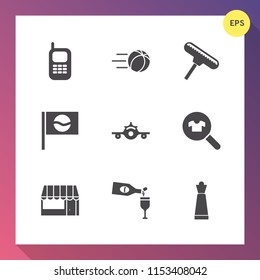 Modern, simple vector icon set on gradient background with technology, food, football, wine, old, grocery, plane, travel, sport, call, phone, woman, fashion, ball, brush, mobile, flight, king icons