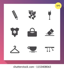 Modern, simple vector icon set on gradient background with clothes, spring, petal, summer, bottle, drink, pencil, fashion, flower, wine, pendulum, white, coffee, education, eraser, floral, boy icons