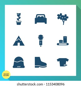 Modern, simple vector icon set on gradient background with green, automotive, decoration, blossom, clothes, microphone, luggage, song, adventure, footwear, vehicle, cherry, japan, pink, headwear icons