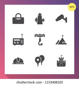 Modern, simple vector icon set on gradient background with metal, decoration, mountain, element, fish, fishing, sport, equipment, sand, white, industrial, sign, web, media, camera, protection icons