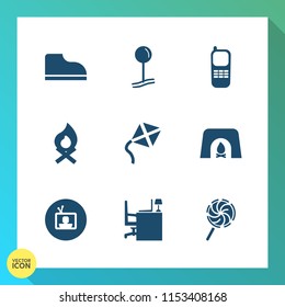 Modern, simple vector icon set on gradient background with tv, flame, food, business, television, screen, map, location, footwear, stationary, campfire, leisure, christmas, web, evening, table icons
