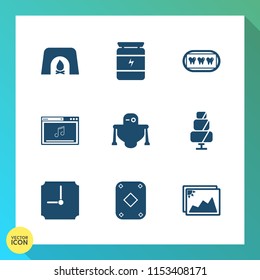 Modern, simple vector icon set on gradient background with sweet, home, food, holiday, picture, fireplace, hour, healthy, room, clock, game, warm, doughnut, winter, red, time, photo, cyborg icons