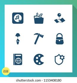 Modern, simple vector icon set on gradient background with fashion, repair, pin, immigration, cold, music, tool, pointer, summer, location, passport, equipment, internet, cream, sweet, format icons