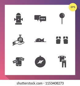 Modern, simple vector icon set on gradient background with clothing, collection, beach, flip, dialog, mobile, speech, finance, web, money, currency, pin, fire, clothes, compass, meat, fashion icons