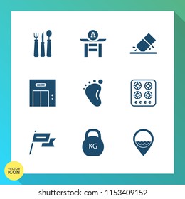 Modern, simple vector icon set on gradient background with lift, heavy, restaurant, knife, business, modern, work, japan, small, newborn, kitchen, child, stove, drum, education, gas, spoon, job icons