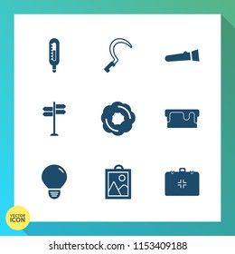 Modern, simple vector icon set on gradient background with doughnut, thermometer, flashlight, picture, image, cookie, work, sweet, energy, arrow, pie, tool, muffin, electric, lamp, cake, torch icons
