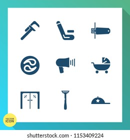 Modern, simple vector icon set on gradient background with card, team, mon, repair, reparation, glass, cap, work, renovation, home, clothing, player, door, fashion, handyman, tool, communication icons