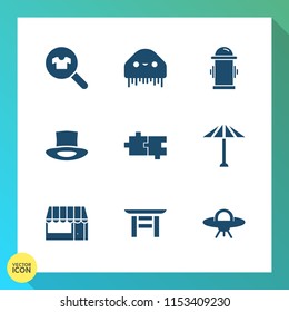 Modern, simple vector icon set on gradient background with department, spaceship, market, culture, fire, female, shrine, clothing, searching, water, umbrella, puzzle, alien, store, food, sign icons