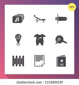 Modern, simple vector icon set on gradient background with child, text, document, marker, cooking, fence, format, seat, map, travel, sign, favorite, internet, baby, edit, pin, clothes, fitness icons