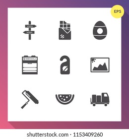 Modern, simple vector icon set on gradient background with hotel, shipping, paint, choice, sweet, candy, tradition, roller, sign, dessert, oven, chocolate, photo, roll, delivery, road, spring icons