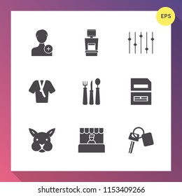 Modern, simple vector icon set on gradient background with concept, bathrobe, computer, sign, store, scanner, auto, account, file, cute, supermarket, member, spoon, network, rabbit, restaurant icons