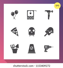 Modern, simple vector icon set on gradient background with drill, street, monster, traffic, rural, toy, happy, road, sand, wooden, pizza, hammer, equipment, hand, white, background, space, cream icons
