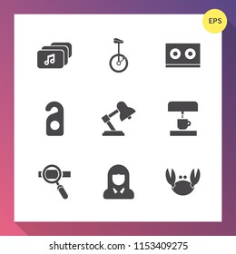 Modern, simple vector icon set on gradient background with motel, coffee, casette, video, circus, girl, vintage, young, privacy, room, face, technology, lady, sea, web, research, door, lamp icons
