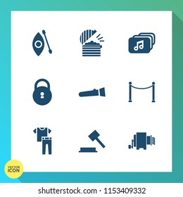 Modern, simple vector icon set on gradient background with activity, sign, key, flashlight, web, kitchen, food, menu, river, lamp, collection, lock, safety, cooking, justice, fence, document icons