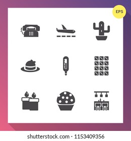 Modern, simple vector icon set on gradient background with phone, wax, internet, airplane, chocolate, candle, succulent, cactus, object, sweet, botany, fashion, decoration, communication, sign icons