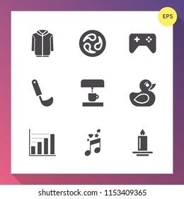 Modern, simple vector icon set on gradient background with kamon, controller, toy, music, crest, japanese, traditional, sound, pattern, play, duck, technology, machine, shirt, game, style, light icons