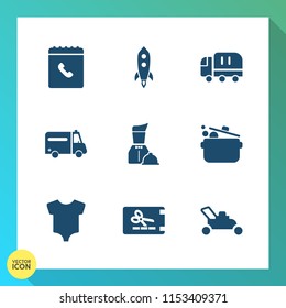 Modern, simple vector icon set on gradient background with equipment, food, care, business, car, kid, clothes, truck, transportation, ambulance, transport, waiter, cargo, medical, launch, coupon icons