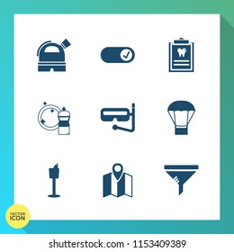 Modern, simple vector icon set on gradient background with holder, filter, observatory, bucket, travel, hot, mop, astronomy, space, clean, cleaner, dentist, sign, broom, sport, clinic, dentistry icons
