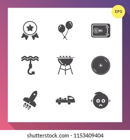 Modern, simple vector icon set on gradient background with baby, money, child, barbecue, champion, safe, truck, birthday, meat, bank, happy, banking, kid, launch, finance, winner, disc, win, air icons