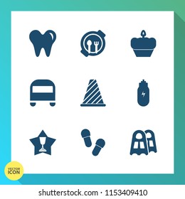 Modern, simple vector icon set on gradient background with nutrition, doughnut, kid, fun, plate, bus, sign, dentist, water, sea, dentistry, slipper, lunch, place, transportation, hygiene, muffin icons