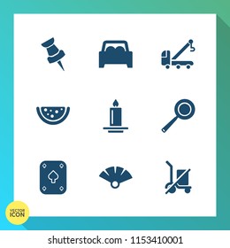 Modern, simple vector icon set on gradient background with tow, poker, transportation, kitchen, pan, location, light, navigation, utensil, summer, auto, japanese, automobile, decoration, road icons