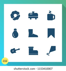 Modern, simple vector icon set on gradient background with music, joy, food, espresso, musical, dessert, kite, summer, sweet, muffin, water, electric, cupcake, home, sign, sky, light, boiler icons