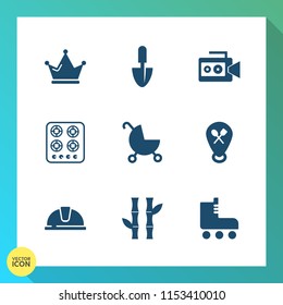 Modern, simple vector icon set on gradient background with skate, asian, media, safety, luxury, camera, plant, asia, camcorder, movie, handle, cook, royal, sport, carriage, equipment, king, fun icons
