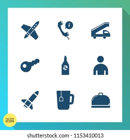 Modern, simple vector icon set on gradient background with service, space, transportation, restaurant, casual, tea, center, object, headset, ship, shuttle, phone, drink, satellite, transport icons