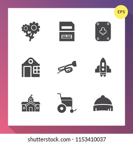 Modern, simple vector icon set on gradient background with spaceship, spring, real, hat, document, casino, government, summer, space, play, fashion, craft, nature, sound, music, information icons