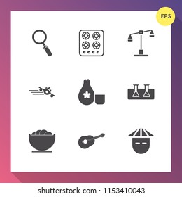 Modern, simple vector icon set on gradient background with musical, sake, appliance, people, search, home, science, kitchen, hot, japan, japanese, empty, cook, court, guitar, music, cooking, gas icons