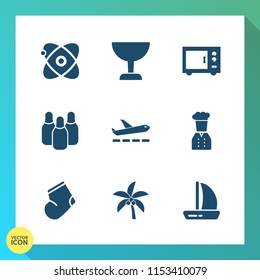 Modern, simple vector icon set on gradient background with cone, cosmos, microwave, warm, bowling, planet, summer, airplane, ball, science, airport, find, boat, glass, star, astronomy, ship, sky icons