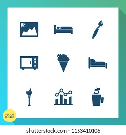 Modern, simple vector icon set on gradient background with photography, travel, trend, wine, work, frame, hot, machine, bucket, food, microwave, kitchen, bed, tool, sign, picture, sweet, drink icons