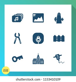 Modern, simple vector icon set on gradient background with video, drill, church, internet, format, web, equipment, renovation, industrial, white, photography, architecture, frame, picture, old icons