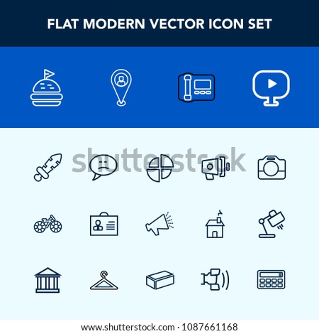 Modern, simple vector icon set with phone, cycle, media, knight, person, office, location, technology, internet, loudspeaker, sound, bike, speaker, chart, woman, transportation, pie, food, loud icons