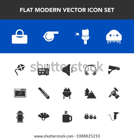 Modern, simple vector icon set with equipment, object, up, online, volume, medical, fiction, grill, toilet, sign, public, food, wc, camera, technology, safety, meat, barbecue, audio, clinic, ufo icons
