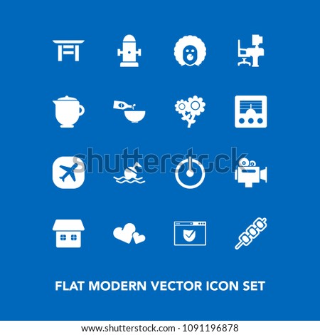 Modern, simple vector icon set on blue background with film, shrine, help, food, barbecue, lifebuoy, department, handle, safety, japanese, camera, fire, hydrant, travel, clown, internet, circus icons