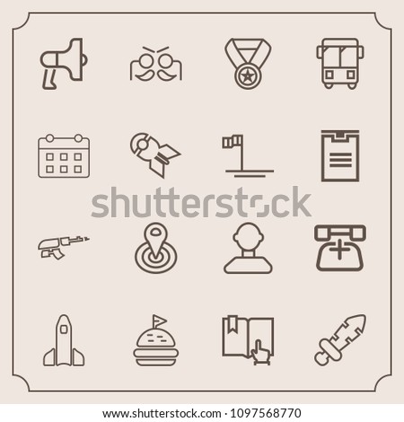 Modern, simple vector icon set with male, success, announcement, award, rocket, space, launch, point, profile, sandwich, science, communication, cycle, telephone, medieval, location, gun, party icons